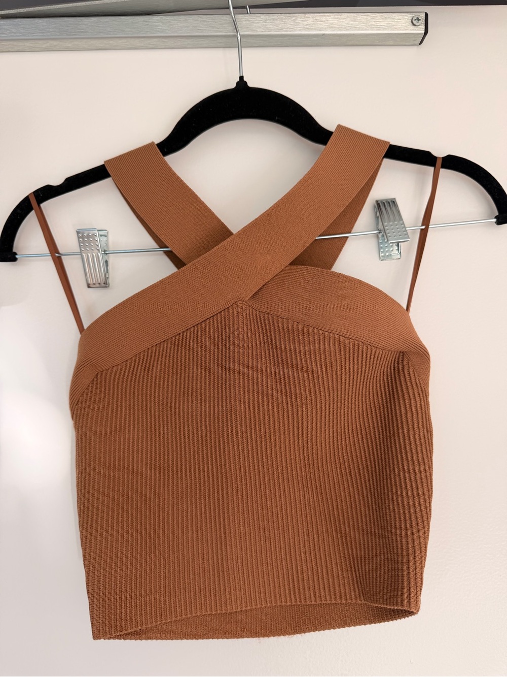 Babaton Cross-Strap Ribbed Crop Top in Rust